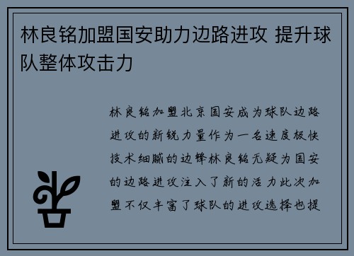 林良铭加盟国安助力边路进攻 提升球队整体攻击力 林良铭加盟国安助力边路进攻 提升球队整体攻击力